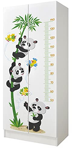 Leomark Vitt klädskåpet för barn - UV-tryck: Panda - barngarderob i trä, Garderob för baby, barnrum, klassisk babygarderob, barnmöbler, stågarderob med 2 dörrar, skandinavisk stil, Höjd: 161,5 cm
