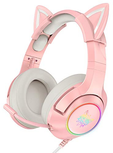 AJIJAR Rosa Gaming-Headset mit Mikrofon, Mädchen Frauen Katzenohren Kopfhörer 3,5mm Kompatibel mit PC PS4 PS5 Xbox One (ohne Adapter) Smartphone, mit Surround-Sound, RGB, Geräuschunterdrückung, rose