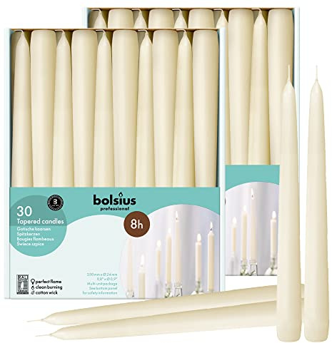 BOLSIUS 60 Count Household Ivory Taper Candles - 10 Inches - Premium European Quality - 8 Hours Burn Time - Unscented Dripless and Smokeless Home Decor, Restaurant, Wedding, and Party Candlesticks