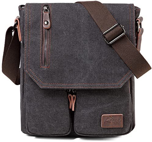 Kasgo Umhängetasche Herren, Wasserabweisend Vintage Segeltuch Herrentasche Schultertasche Klassische Kuriertasche Crossbody für Arbeit Schule Dunkelgrau