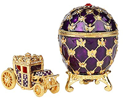 QIFU Vintage Purple Easter Egg Style Jewelry Trinket Box with Mini Royal Carriage, Unique Gift for Easter Collection