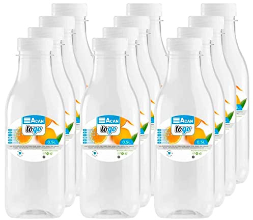 Acan Tradineur - Pack de 12 botellas de plástico - Incluye tapa - Ideal para la conservación de tus alimentos - Capacidad de 0,5 Litros - 20,5 x 6,5 cm
