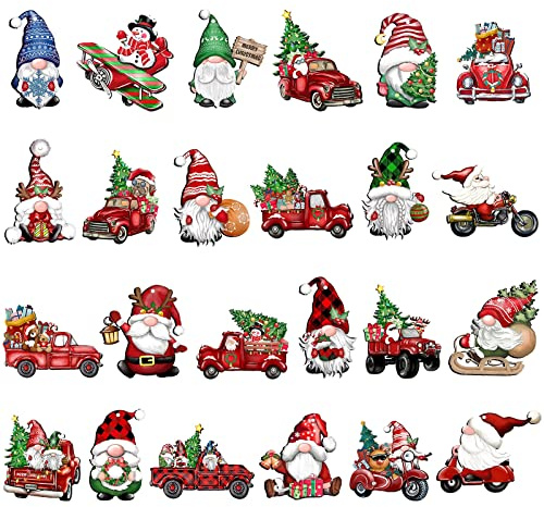 KATELUO Weihnachten Holz Ornamente - 24 Stücke Anhänger, Roter LKW, Zwerg Hängende Deko, Weihnachtsbaum Anhänger für Weihnachtsfeier Dekor