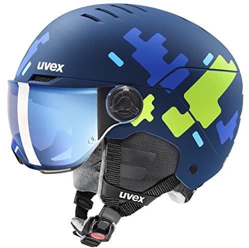 uvex Rocket jr Visor - robuster, optimal belüfteter Skihelm mit beschlagfreiem Visier für Kinder - Blue Puzzle matt - 54-58 cm