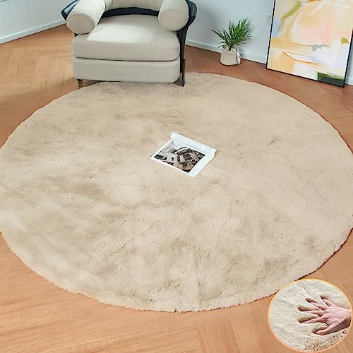 ORINOVA Runder Teppich Beige Fellteppich Flauschiger Kunstfell 150 cm Teppich Schlafzimmer Kinderzimmer Wohnzimmer Weich Waschbar