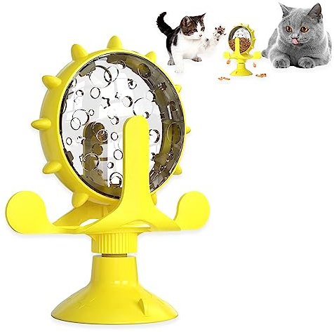 Cat Dog Treat Dispenser Toy - Cat Interactive Feeder Pet Food Toys Feeder 360° Degree Rotating Food Leakage Device Rotate with Strong Suction Cup Money Wheel Shape (Yellow)