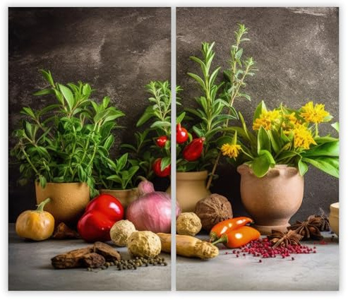 SMTDeco Herdabdeckplatte 2×30×52 cm – Mehr Arbeitsfläche, Spritzschutz & Schneidebrett – ESG Glas, kratzfest – für Induktion/Ceranfeld – 2-teilig, Motiv Gemüse Kräuter Grün