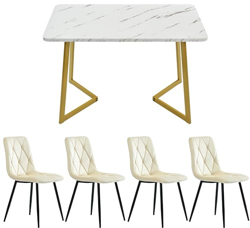 KUAKE Essgruppet,117×68cm Esstisch mit 4 Stühlen, Rechteckiger Esstisch Moderner Küchentisch Set,Esszimmerstuhl Twill Samt Küchenstuhl,Golden Tischbeine (Beige)