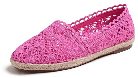 Feversole rund tå spets balett virkade platta kvinnors bekväma andningsbara dockskor, Het rosa stickad virkad jute, 39 EU