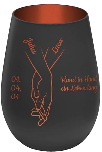 Personalisierbares Windlicht ''Hand in Hand'' - Schwarz/Kupfer - gravierter Glas Teelichthalter mit Namen, Daten, Wunschtext - Höhe 12 cm - Geschenk zu Hochzeit Verlobung Jahrestag Valentinstag