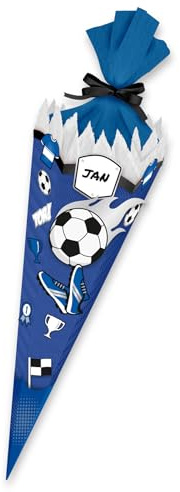 itenga SCHULTÜTEN Bastelset FUSSBALL 68cm - 3D Wellpappe - für echte Fussball Fans in den Farben deines Lieblingsvereins (Schultüte blau - Deko blau weiß)