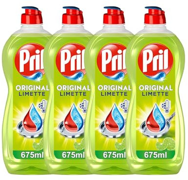 PRIL Original Limette (4x 675 ml), Handgeschirrspülmittel mit höchster Fettlösekraft, für sauberes Geschirr auch in kaltem Wasser, frischer Limettenduft