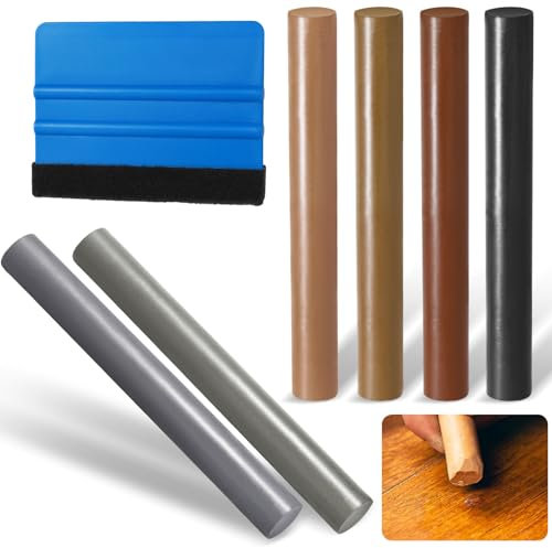 Annickee 7Pz Kit Riparazione Parquet, Bastoncini per Il Restauro Del Legno, Kit Riparazione Parquet Laminato con Raschietto Blu, 6 Colori Cera Ripara Graff Parquet, per Graffi, Pavimenti, Armadietto