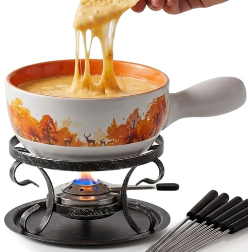 Artestia Swiss Fondue Set for Party - 2L Large Capacity Ceramic Fondue Pot Melting Cheese Chocolate, 6 Fondue Forks, Fondue Party, Wedding Gifts - Autumn Amble