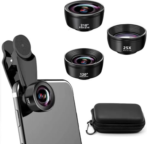 Auricase Lentes para Movil, Lente Macro para movil, 3 en 1 Objetivo para movil, 120° Gran Angular Lente, 25X Objetivo Macro, 210° Ojo de pez, Objetivo para Todos los Smartphones (NegroObsidiana)
