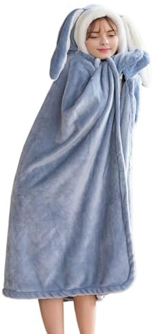 SASIGAYA Tragbare Hasenohr Decke mit Ärmeln und Kapuze Flanell Geschenke für Frauen Sofadecke Flauschig Kuscheldecke Sherpa Ärmeldecke TV-Decke Fleecedecke Weich Wohndecke Winterdecke Blau 110×150 cm