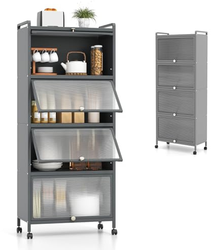 KOMFOTTEU Küchenregal auf Rollen, Aufbewahrungsregal mit Tür 5 Ebenen, Lagerschrank Standregal aus Stahlrahme, Aufbewahrungsschrank Beistellschrank 60x32x154 cm (Grau)