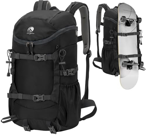 Outplea 30L Mochila Senderismo, Ligera Mochila Viaje Grande, Mochila Montaña Impermeable para Camping, Mochila Hombre Deportiva Skate para Acampada Esquí Excursiones Trekking, Negro