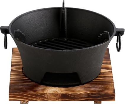 Brasero en fonte avec plateau en bois et extracteur double oreille, ustensile de cuisine d'extérieur et chauffage de terrasse 23 cm de diamètre