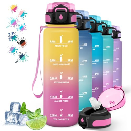 Trinkflasche- 1 liter- Trinkflasche Sport, Leicht zu Reinigen, Trinkflasche mit Strohhalm, Trinkflasche Auslaufsicher, Trinkflasche Erwachsene mit Zeitmarkierung, für Running, Camping, Yoga, Gelb-Rosa