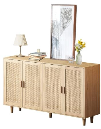 HAINEW Moderner Sideboard Kommode mit 4 Rattan Türen und Holzbeine, Aufbewahrungsschrank Buffetschrank Beistellschrank Buffet für Küche, Esszimmer und Wohnzimmer, Holzfarbe
