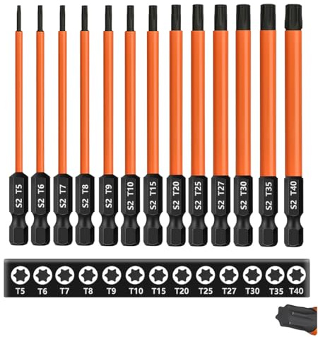 Saipor 13Stück Torx Bit Set T5-T40 Torx Schraubendreher Bits Set Magnetisch | 100mm Lang Torx-Schraubendreher-Einsatz S2 Stahl 1/4 Sechskantschaft Lange Bits für Akkuschrauber