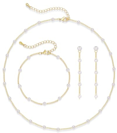 Loutade Gold Jewellery Sets for Women, 3PCS Pearl Necklace, Earrings & Bracelet Set, Pearl Wedding Jewellery Set for Bride Bridesmaid, Gold Bridal Women's Jewelry Gifts for Party Wedding Festival