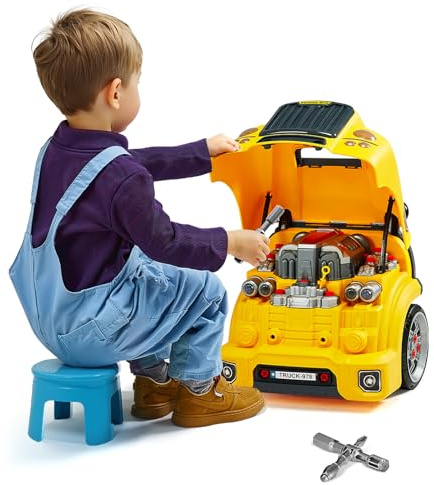 VEVOR Giocattolo Motore, 60 Pezzi, Set Riparazione Auto Meccanico Bambini con Parti Rimovibili, Luci e Suoni, Volante e Clacson, Set Officina Meccanico Bambini, Giocattolo Interattivo, Giallo