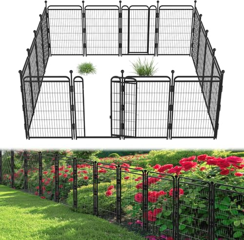 40 in(H) Decorative Garden Fence Outdoor for Yard with 2 Gates,Heavy Duty Iron 16 Panels Total 34.7ft(L) Anti Dig Fence with Gravity Automatic Lock for Indoor/Outdoor Dog Fence for rv Camping,Black