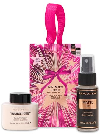 Revolution Mini Duo de Fijación Matte Hero’s, Polvo Suelto Translúcido y Spray Fijador Mate, Tamaño de Viaje, Vegano y Libre de Crueldad Animal