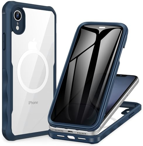 CENHUFO Magnética Antiespia Funda iPhone XR [Compatible con MagSafe] Protector Pantalla Privacidad Cristal Templado 9H Integrado, 360 Grado Antigolpes Carcasa Protector cámara Capa Doble Case -Azul