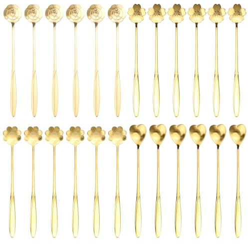 Lot de 24 cuillères à café expresso dorées en acier inoxydable de 17,3 cm de long, cuillères à café en forme de fleur et de cœur pour mélanger, milkshake, dessert, café, bar (doré)