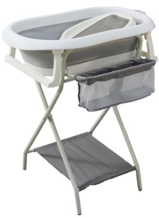 babywann mit Rahmen 80 cm - faltbare Babywanne mit Ständer - sicher für Neugeborene (Grau mit Badewannenablage)