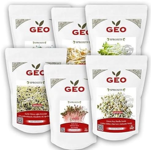 Kit Essentiel GEO – 6 Graines à Germer 100% Bio (2,55 kg) | Luzerne, Radis Rose, Fenugrec, Pois Verts, Moutarde & Ciboulette-Ail | Haute germination ≥ 95% | Longue conservation | Vegan & Sans OGM
