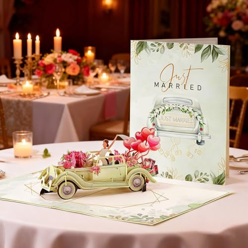 3D Pop-Up Hochzeitskarte Hochzeitsauto und Just Married Girlande - Hochzeitskarte edel, Glückwunschkarte zur Hochzeit, Hochzeitsgeschenke für Brautpaar, Geldgeschenk