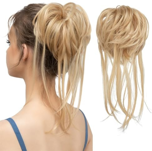 jianjunchaling Messy Bun Haarteil, Zerzauste Hochsteckfrisur Extensions Wellige Wickel Pferdeschwanz Haarteile Scrunchies mit Gummiband for Frauen Hair Ponytail for Women Girls(Light Honey Blonde)