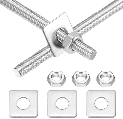 sourcing map 2Set M6x120mm Fully Threaded Rod, 304 Stainless Steel Threaded Rods Bar Studs Right Hand Threads with Nut Square Washer for Structural Anchoring Fastening Screw