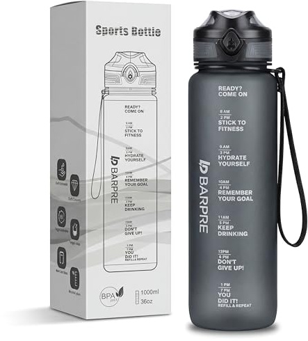 Barpre 1L Water Bottle Matte Grey - 1000ml Leakproof Tritan(true) Sports Bottle with Strainer - BPA Free, One Click Open Gym Bottle for School, Office & Outdoor - Portable Strap & Time Markings