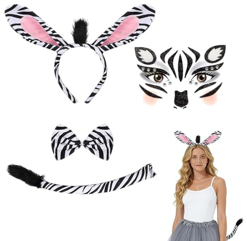 MAXMURYS Zebra Kostüm Set für Damen – 4-teiliges Tierkostüm mit Stirnband, Fliege, Schwanz und Gesichtsstickern, Perfekt für Karneval, Halloween, Fasching und Themenpartys