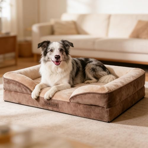 BELLA & PAL Caseta para perros interior, 92 x 69 x 16,5 cm, cama ortopédica para perros de talla mediana, cojín de perro con borde alto, sofá de franela extraíble, impermeable y lavable, color moka
