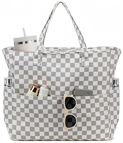 LEDAOU Large Beach Bag for Women, Waterproof Sandproof Tote Bag with Zipper (Gray white)