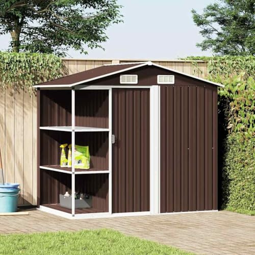 Casetta da giardino con ripiano, marrone, 205 x 130 x 183 cm, in ferro, per robot da cucina, camera per animali domestici