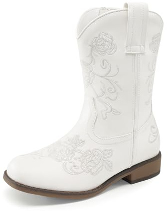DREAM PAIRS Girls Floral Cowboy Boots | Vintage Embroidery Charm, Square Toe Growing Feet, Cushioned Insole Comfort, Pull-On Loops Independent
