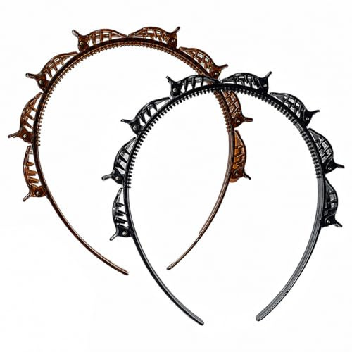 ROLKUFA 2 Serre-Tête avec Pinces, modèle tressé à double couche avec 8 clips, pour tous types de cheveux, sport, quotidien, fête, noir et brun foncé