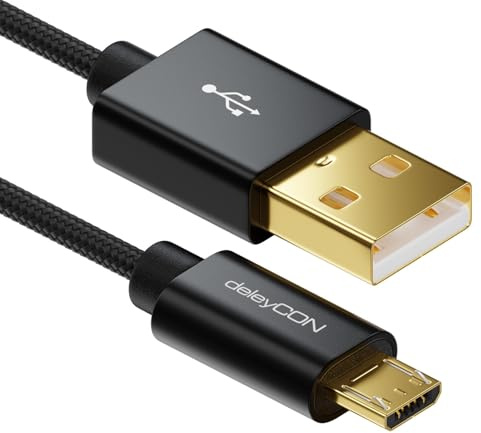 deleyCON Cavo Micro USB 3,0m con Nylon + Connettori Metallo - Ricarica, Dati, Ricarica Rapida per Smartphone, Tablet, PC, Laptop, Notebook - Nero