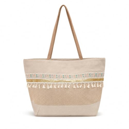 LE CÔTÉ CHIC Bolso Tote de Playa Boho, Grande, Beige Natural, Lino y Yute, con Borlas, Flecos y Detalle Dorado, para Playa, Piscina y Viajes