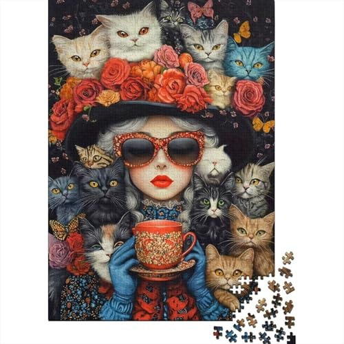 Femme Vintage avec Chats Chapeau Fleuri Puzzle 1000 Pièces Papier pour Adultes Tasse à Thé Puzzle en Famille Décoration Détente 38x26cm/1000pcs