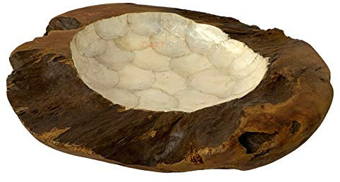 Darthome New Antique Kitchen Food Hand Carved Teak Root Wood Pearl White Fruit Bowl Large 50cm