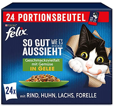 FELIX So gut wie es aussieht Katzenfutter nass Geschmacksvielfalt mit Gemüse in Gelee mit Rind, Huhn Lachs, Forelle, 4er Pack (4 x 24 Beutel à 85g)