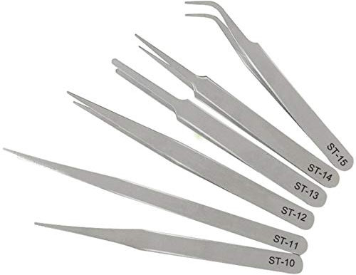 Juego de Pinzas Curvas no Magnéticas Kit de Pinzas Antiestática Set Anti-Estática Acero Inoxidable Pinzas Pinzas Antiestáticas de Acero Inoxidable para Electrónica,Trabajo de Laboratorio(6 Piezas)